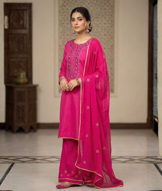 MK/1002 -  Radiant Rose Premium Cotton Attire With Multi Color Embroidery
