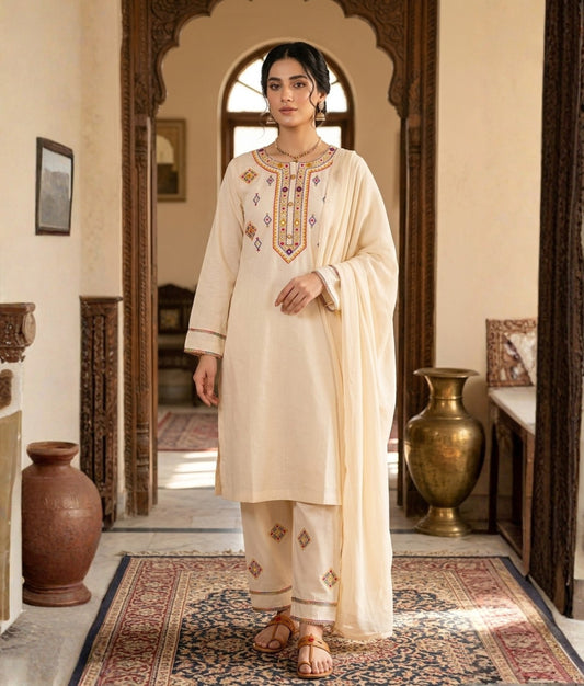 MK/1001 - Premium Cotton Attire With Multi Color Embroidery