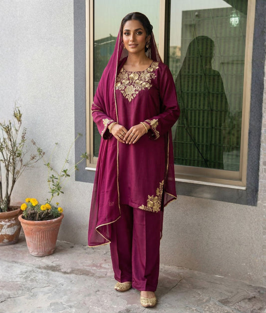 MK/1005  Imperial Plum 3Piece Gold-Embroidered Raw Silk Suit