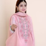 MK -067 3 piece Baby pink and Ferozi Cotton silk with embroidery work on it