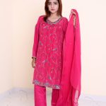 MK -074 3 piece suit with peacock design embroidery all over the kameez